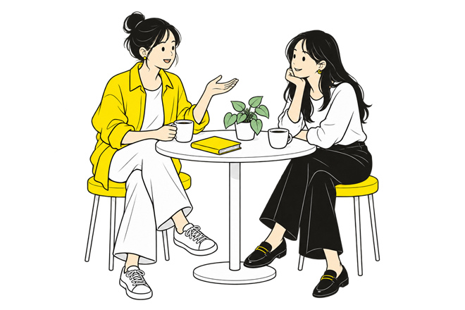カフェで好きなことを話し合う2人