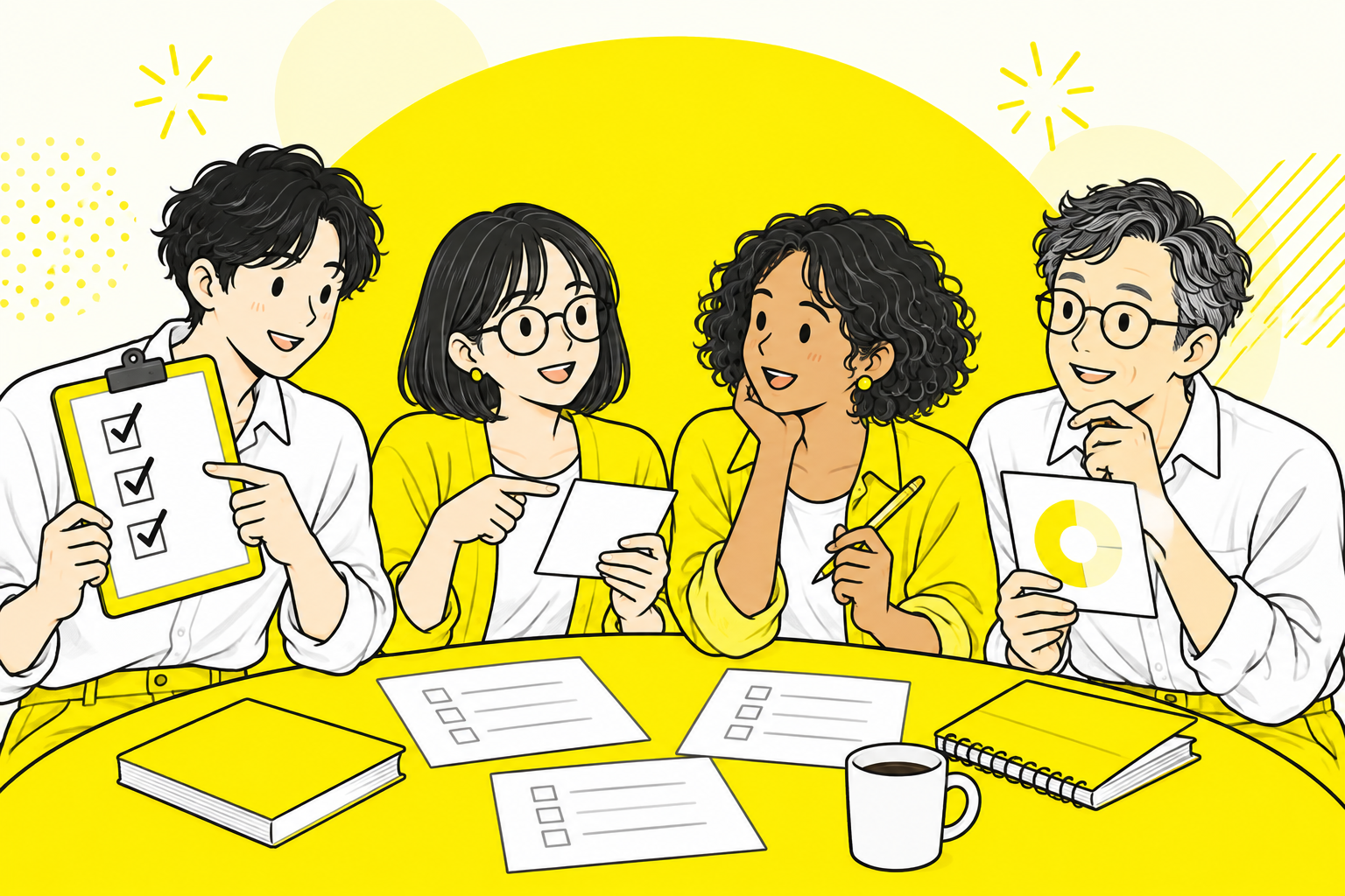 黄色いテーブルを囲む4人が、質問に答えたり診断結果を見比べたりするイラスト
