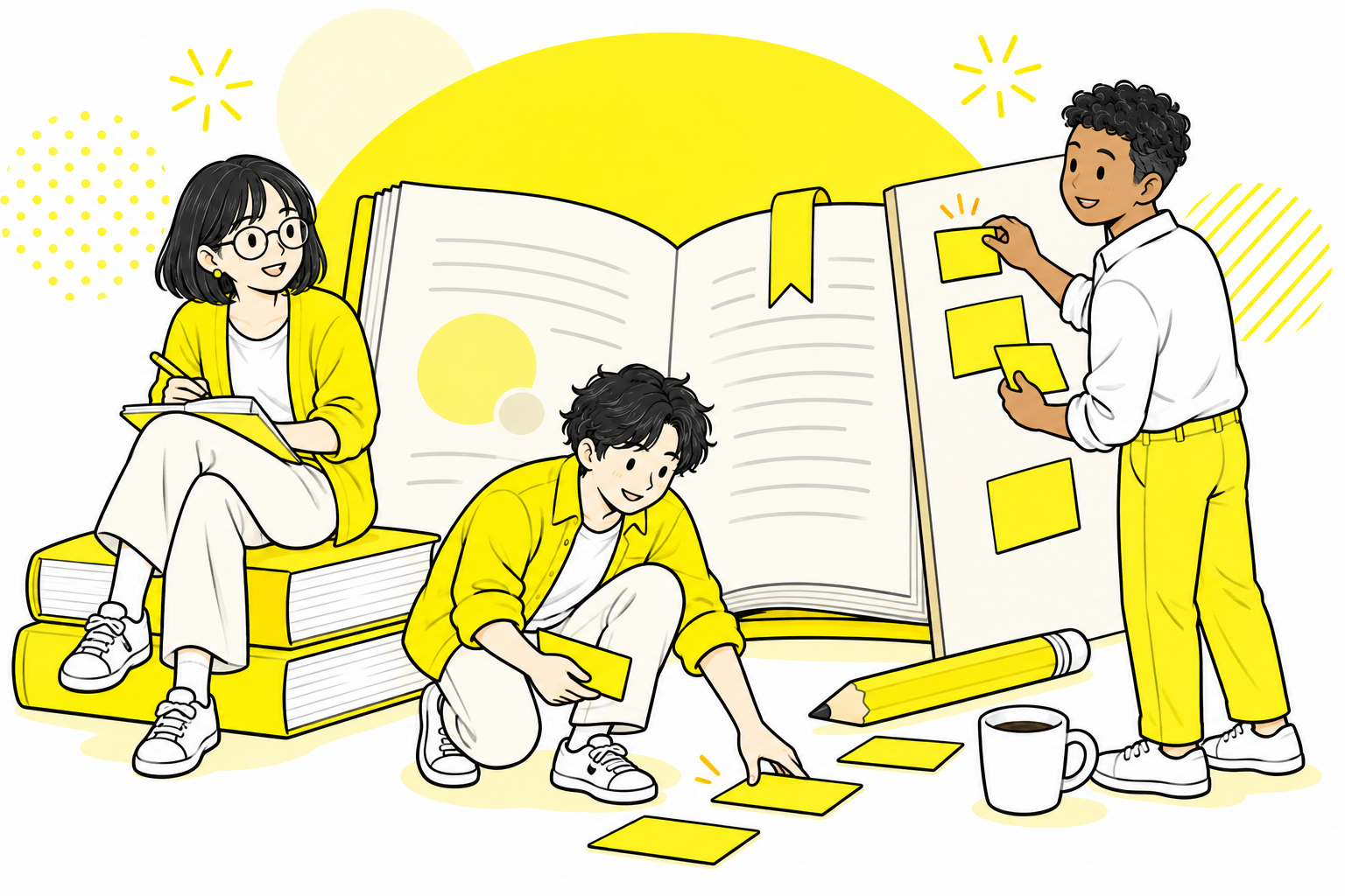 黄色い本とノートを囲み、学んだことを暮らしで試す3人